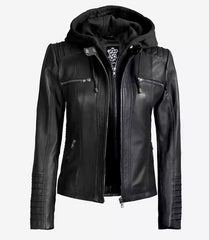 Helen Women's Tall Black Real Leather Jacket with Detachable Hood