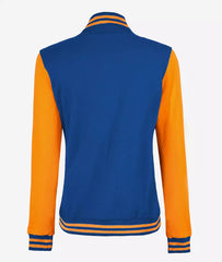 Women's Yellow and Royal Blue Varsity Jacket with Baseball Bomber Style