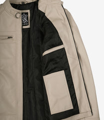 Men's Beige Leather Biker Jacket with Quilted Shoulders