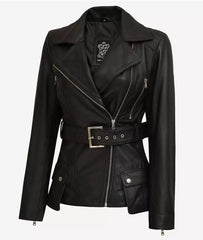 Women's Black Real Leather Biker Jacket with Belted Waist and Long Fit