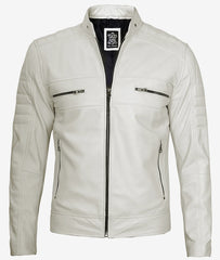 Men's Off White Leather Jacket in Biker Style