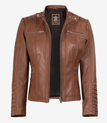 Helen Women's Cognac Leather Jacket with Detachable Hood