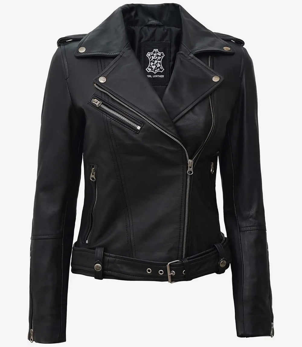 Womens Modern Asymmetrical Edge Black Lambskin Moto Jacket