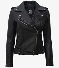Womens Modern Asymmetrical Edge Black Lambskin Moto Jacket