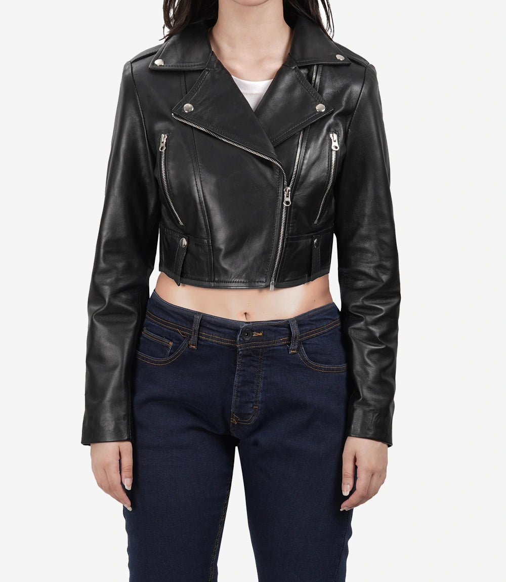 Black Ember Womens Cropped Moto-Style Leather Jacket