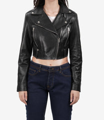 Black Ember Womens Cropped Moto-Style Leather Jacket