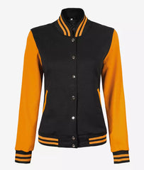 Women's Black and Yellow Varsity Jacket with Baseball Letterman Style