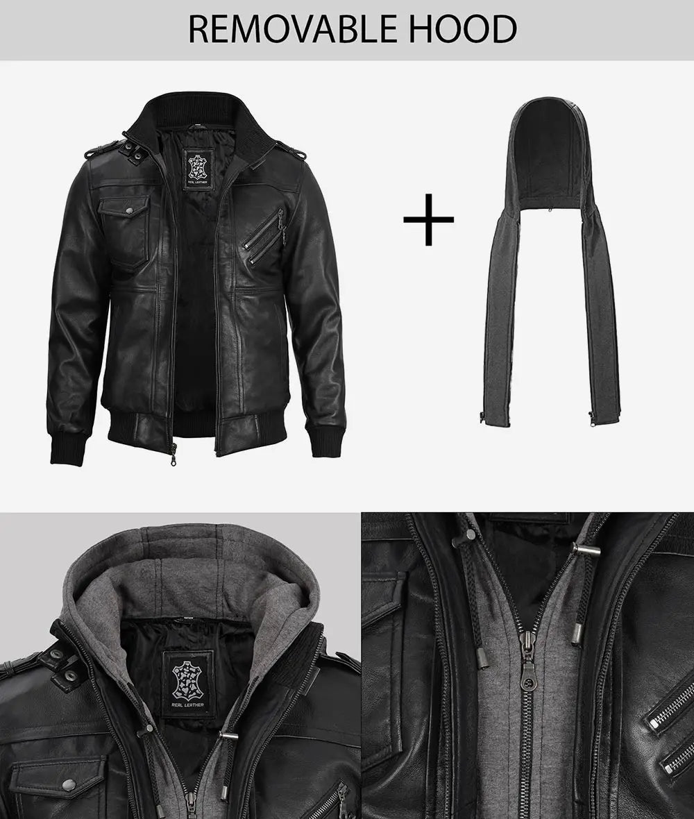 Men's Black Bomber Leather Jacket with Removable Hood