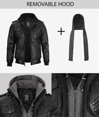 Men's Black Bomber Leather Jacket with Removable Hood