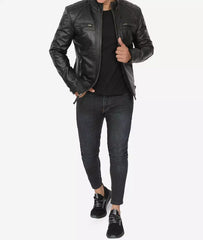 Men's Tall Black Leather Biker Jacket with Quilted Shoulders