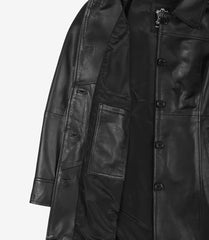 Women's Black Leather Button Down Coat in 3/4 Length