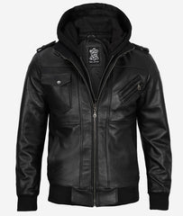 Men's Black Leather Bomber with a Fully Removable Hood