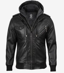 Men's Black Leather Jacket with Grey Hood