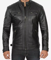 Men's Tall Black Leather Biker Jacket with Quilted Shoulders