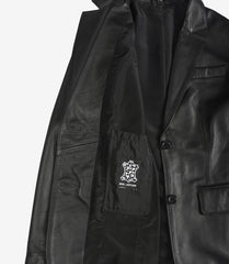 Women's Black Leather Blazer with Two Buttons and Notch Lapel