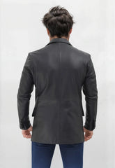 Men's Black Lambskin Leather Blazer with Notch Lapel and Two Buttons