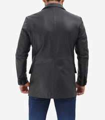 Men's Black Lambskin Leather Blazer with Notch Lapel and Two Buttons