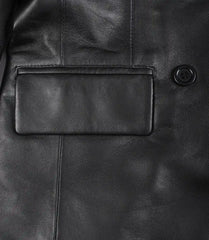 Women's Double-Breasted Black Leather Coat with Notch Lapel Collar