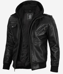 Men's Black Leather Bomber with a Fully Removable Hood