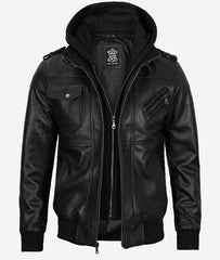 Men's Black Leather Bomber with a Fully Removable Hood