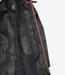Men's 3/4-Length Black Leather Coat with Brown Detail