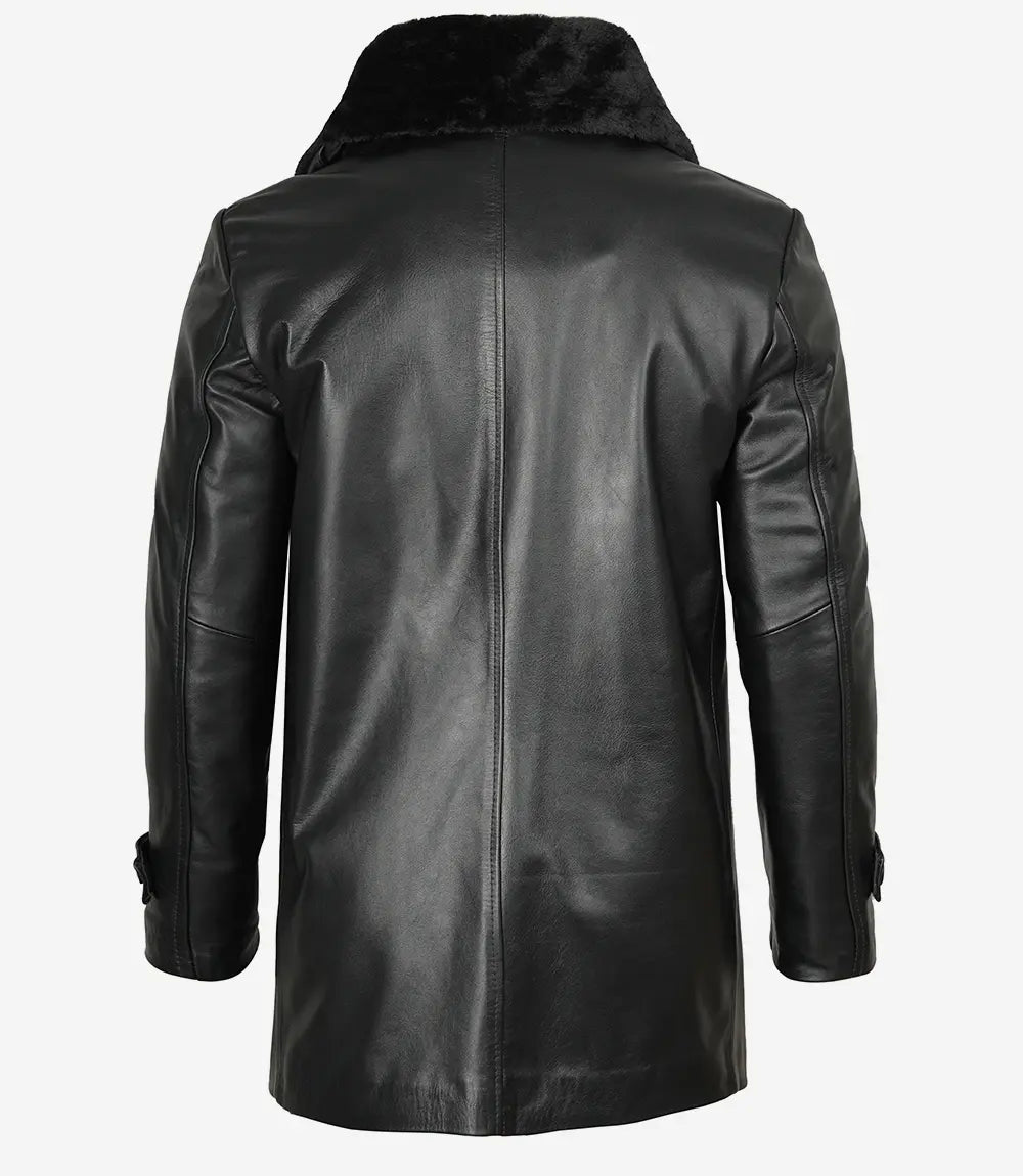 Mens Classic Fit Leather Coat with Faux Shearling Collar