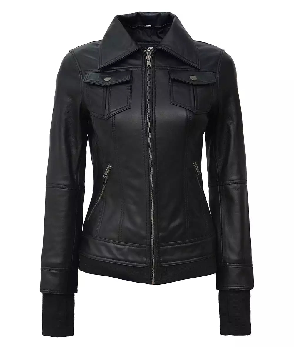 Essence Women Black Bomber Leather Jacket with Hood