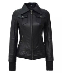 Essence Women Black Bomber Leather Jacket with Hood
