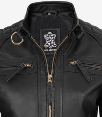 Women's Real Leather Black Biker Jacket with Golden Details