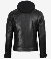 Men's Black Leather Jacket with Detachable Hoodie