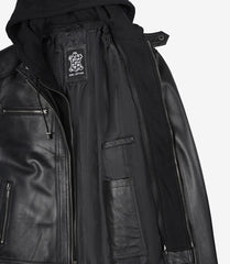 Men's Black Leather Jacket with Detachable Hoodie