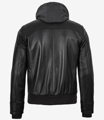 Men's Black Real Leather Bomber Jacket with Detachable Hood
