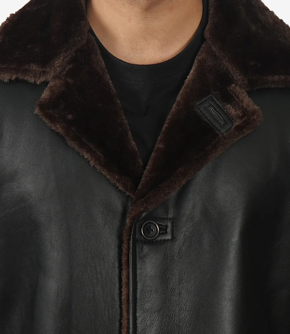 Mens Black Leather 3/4 Length Shearling Coat for Winter Essential