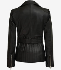Women's Black Real Leather Biker Jacket with Belted Waist and Long Fit