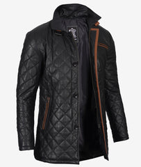 Men's Black Leather Car Coat with Diamond Quilting and Brown Detailing
