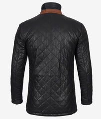 Men's Black Leather Car Coat with Diamond Quilting and Brown Detailing