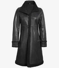 Women's Black Real Leather Shearling Coat in 3/4 Length