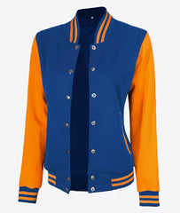 Women's Yellow and Royal Blue Varsity Jacket with Baseball Bomber Style