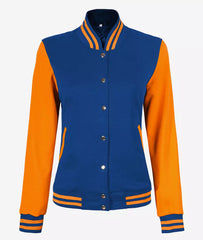 Women's Yellow and Royal Blue Varsity Jacket with Baseball Bomber Style