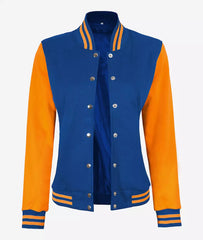 Women's Yellow and Royal Blue Varsity Jacket with Baseball Bomber Style