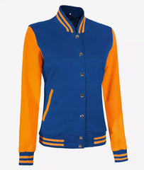 Women's Yellow and Royal Blue Varsity Jacket with Baseball Bomber Style