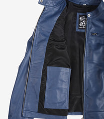 Women's Blue Leather Biker Jacket - Modern Fit