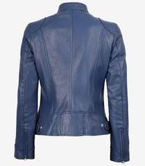 Women's Blue Leather Biker Jacket - Modern Fit