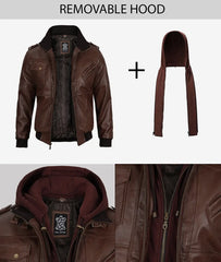 Men's Dark Brown Leather Bomber Jacket with Hood
