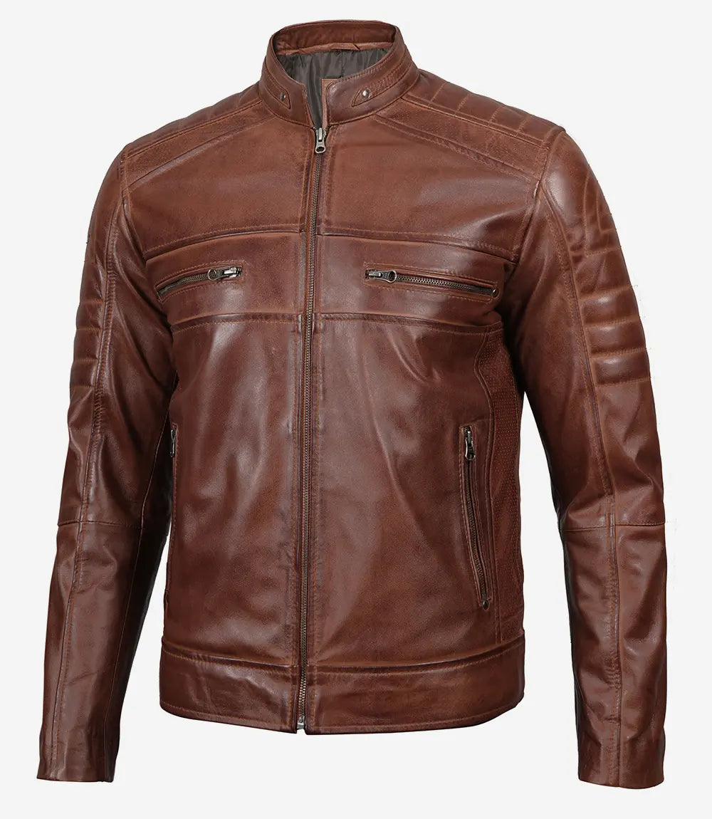Lowridge Men’s Cognac Café Racer Leather Jacket