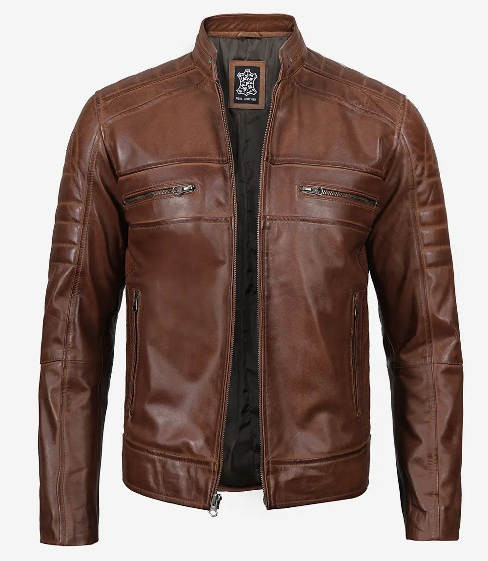Lowridge Men’s Cognac Café Racer Leather Jacket