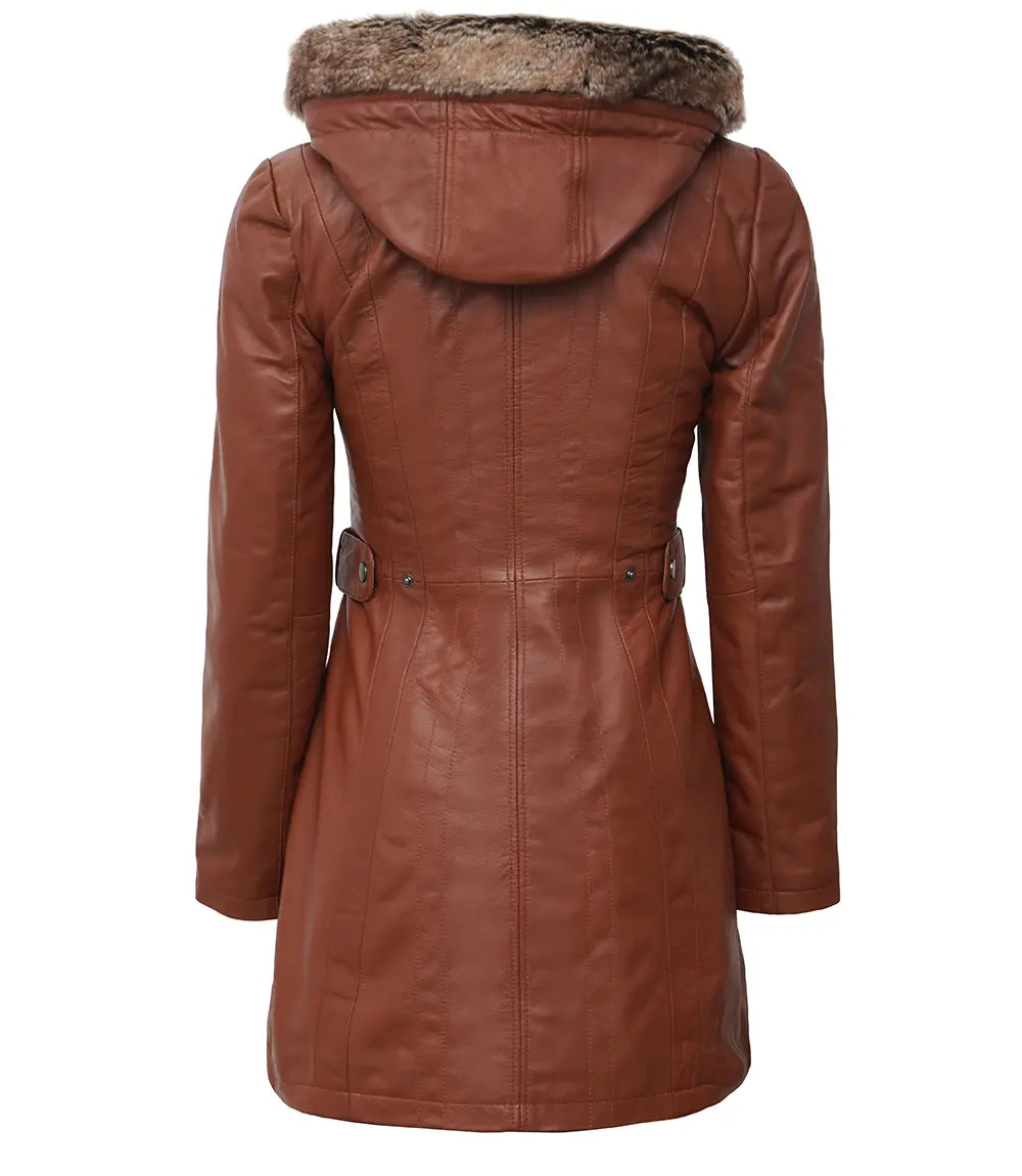 Women's Brown Leather Coat – Parka Style with Removable Fur Hood
