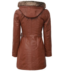 Women's Brown Leather Coat – Parka Style with Removable Fur Hood