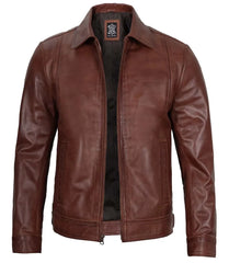 Men's Tall Brown Leather Jacket - Harrington Style