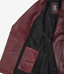 Women's Maroon Leather Biker Jacket with Asymmetrical Belted Front